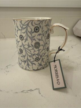Morris & Co. White and Gray Floral Porcelain Mug with Gold Trim